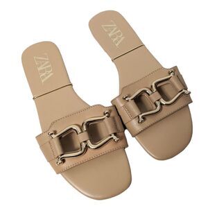 ZARA Leather Gold Saddle Hardware Flat Sandals 38